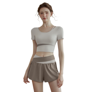 瑜伽服女夏2024新款短袖跑步带胸垫健身大码训练服上衣运动套装