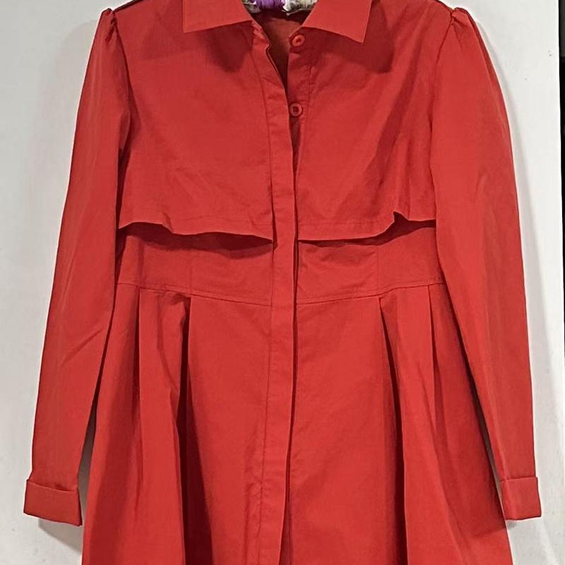 轻熟通勤风红色POLO领中长款风衣女长袖收腰显瘦气质外套