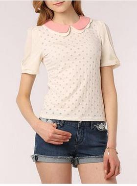 ROEM韩国罗燕夏季新品女波浪翻领波点短袖T恤RCLW32302G专柜正品