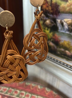 棕色古朴百结藤编文艺中古老货耳钉耳环