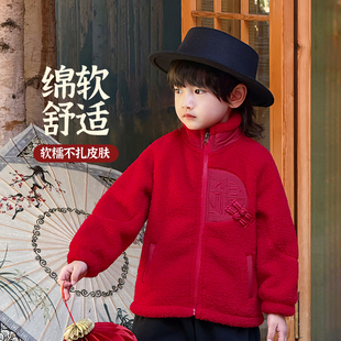 男童红色外套秋冬儿童冬季羊羔绒过年衣服男孩冬装加绒加厚唐装潮