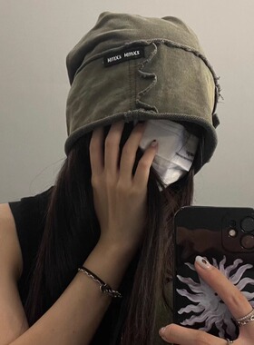 TUshu 废土风不想理人~大版水洗复古情侣堆堆帽冷帽包头帽子男女