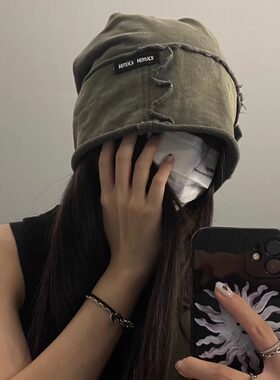 TUshu 废土风不想理人~大版水洗复古情侣堆堆帽冷帽包头帽子男女