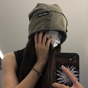 TUshu 废土风不想理人~大版水洗复古情侣堆堆帽冷帽包头帽子男女