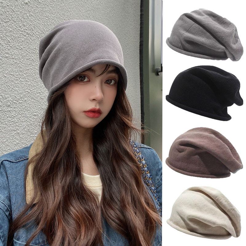 灰色卷边针织堆堆帽子女夏季大头围显脸小薄款慵懒风日系毛线冷帽