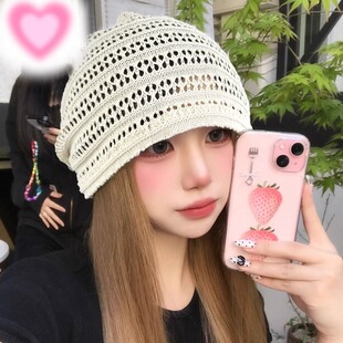 日系针织镂空堆堆帽子女夏季薄款棉麻透气冷帽大头围显脸小包头帽