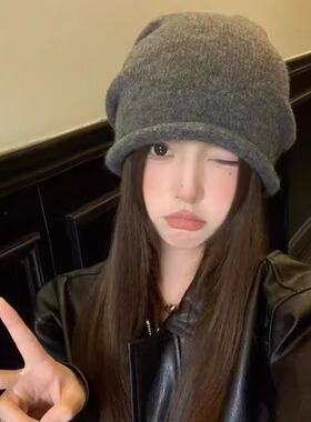 基础百搭灰色针织毛线帽女秋冬冷帽大头围保暖帽子卷边纯色堆堆帽