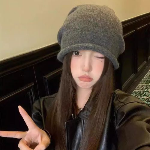 基础百搭灰色针织毛线帽女秋冬冷帽大头围保暖帽子卷边纯色堆堆帽