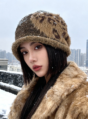 韩版豹纹堆堆素颜神器黑色百搭大头围针织帽女春秋显脸小包头冷帽