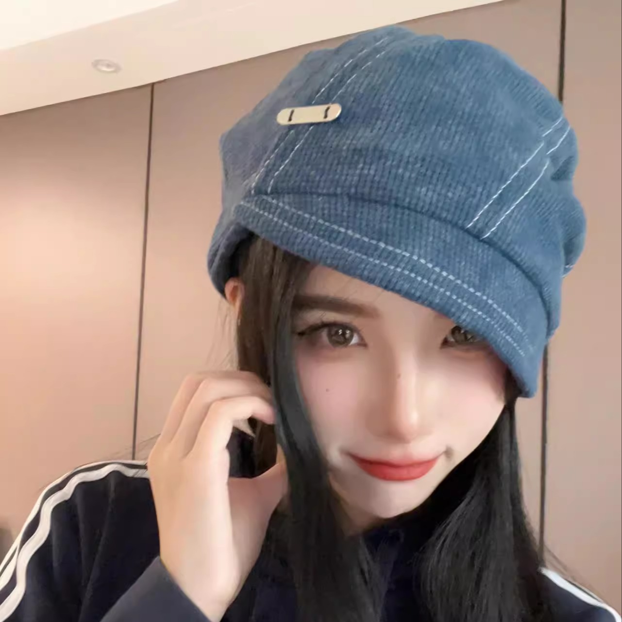 KIZLANC秋冬小檐抽绳针织堆堆帽女废土风显脸小百搭复古冷帽男