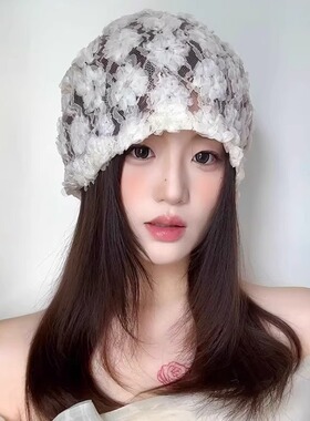 甜美可爱蕾丝泡泡纱花朵缕空包头冷帽女夏季街头拍照显脸小堆堆帽