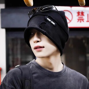 梓渝同款水洗做旧堆堆帽男显脸小百搭高街冷帽黑色包头帽四季帽子