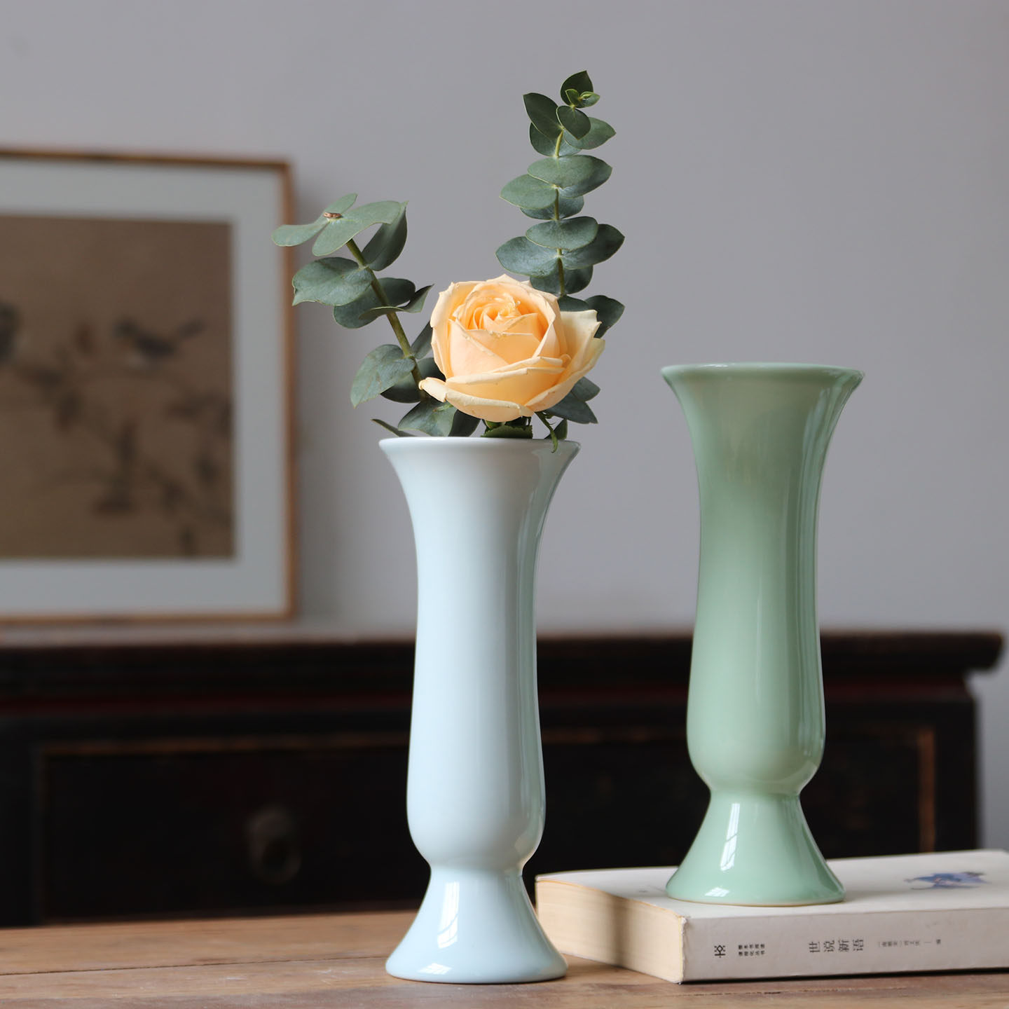 青玉花觚中式复古陶瓷花瓶茶室插花水培花器中古风客厅装饰摆件,家居饰品,花瓶,淘宝优惠券,粉丝福利购,淘宝优惠卷