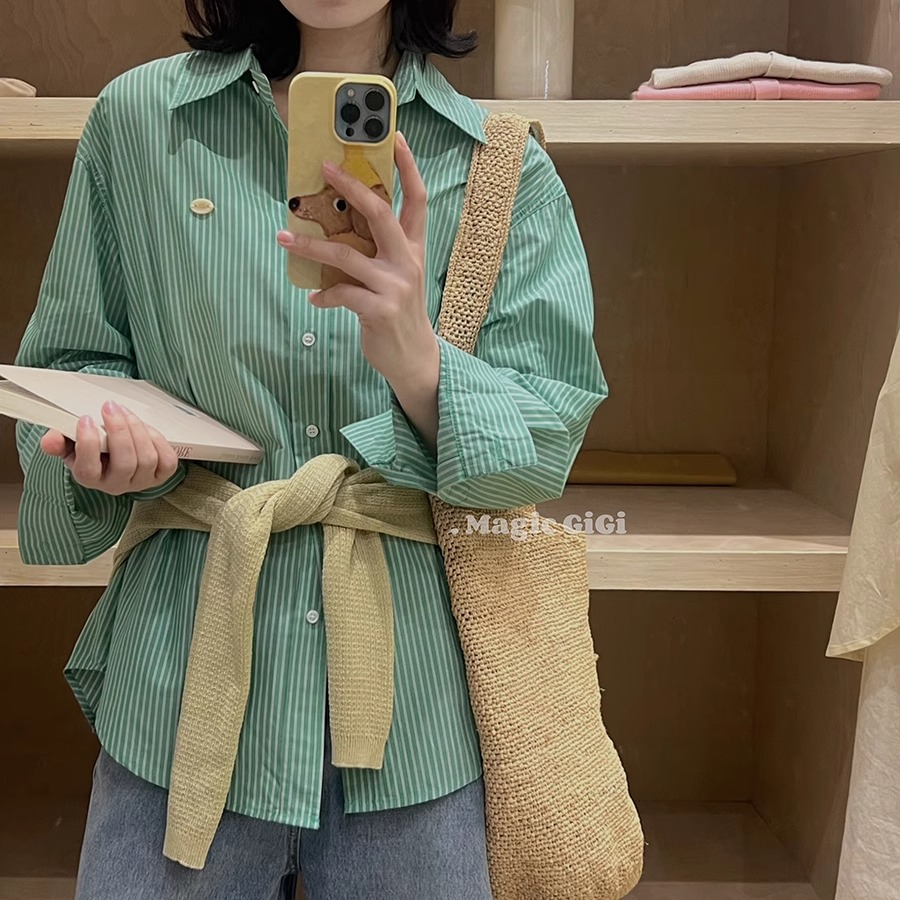 绿色长袖竖条纹衬衫早秋女装2025年新款百搭宽松显瘦洋气气质上衣
