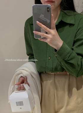 春秋红色绿色灯芯绒长袖衬衫女复古气质宽松叠穿纯棉磨毛衬衣上衣