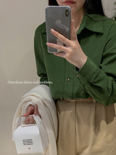 春秋红色绿色灯芯绒长袖 女复古气质宽松叠穿纯棉磨毛衬衣上衣 衬衫