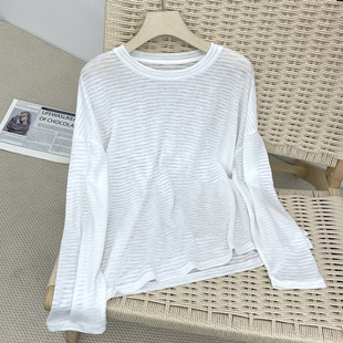 新款 T恤女2025夏季 7月22号新品 休闲百搭防晒上衣 白色条纹长袖