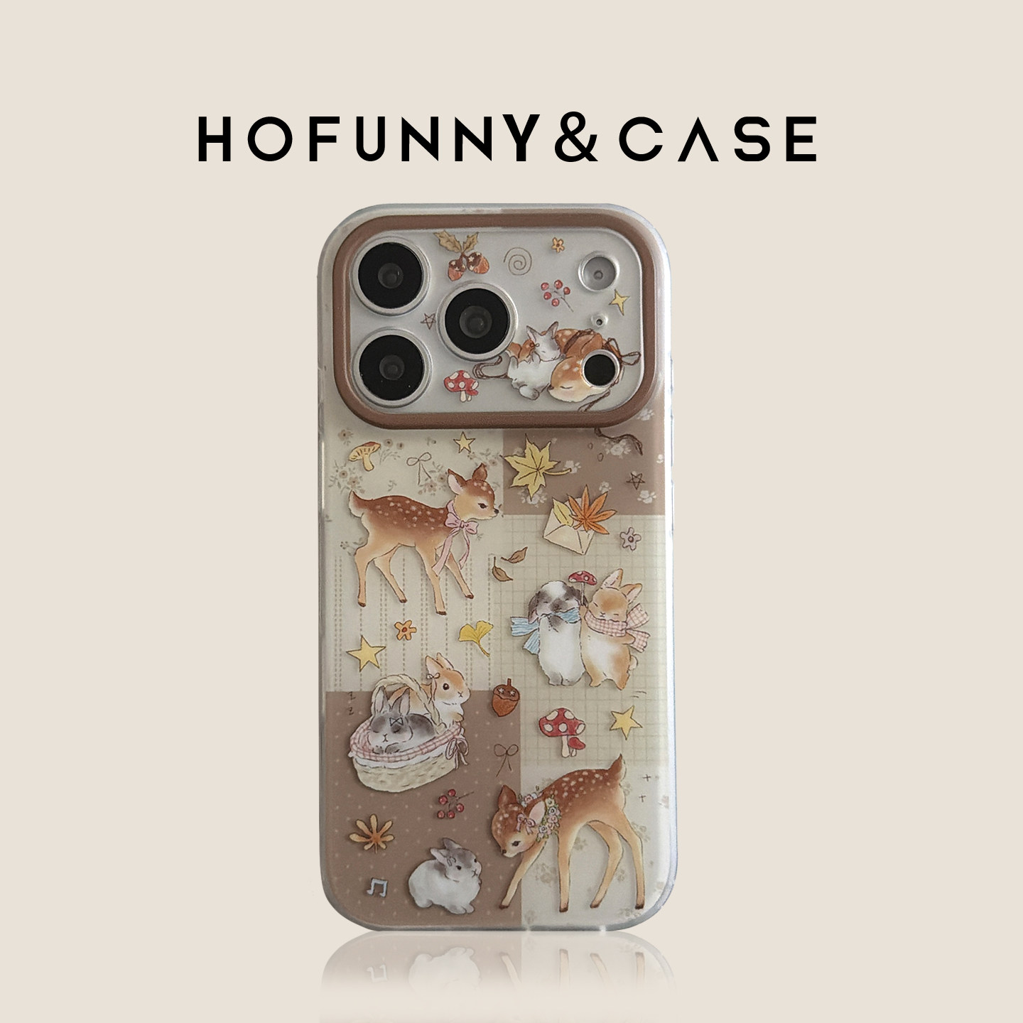 精孔全包磨砂米棕拼接梅花鹿兔子链条适用iPhone17Promax苹果16ProMax手机壳新款15Pro防摔14Promax保护套