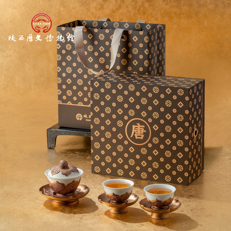 陕历博联名万仟堂大唐金碗轻奢功夫茶具套装高档盖碗泡茶杯带茶盘