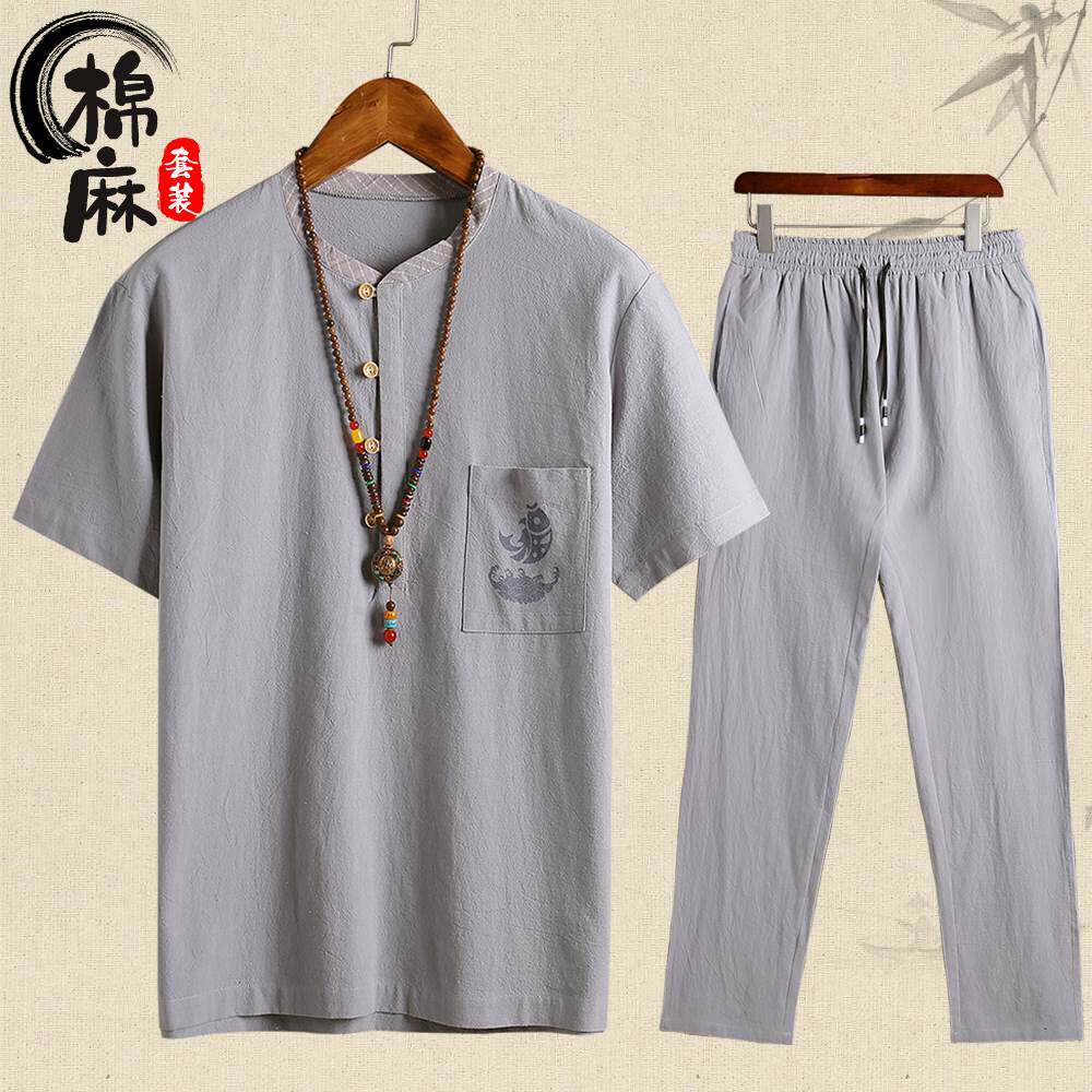 夏季男式中国风棉麻短袖T恤套装40-50-60岁薄款爸爸透气亚麻衣服|ruв категории Мужская одежда, футболка - от Buy2taobao.com для оказания профессиональной услуги покупки агента Taobao