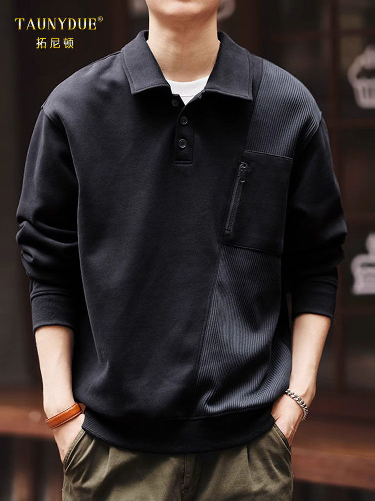 美式覆古个性宽松拼接针织Polo衫男士秋冬新款大码长袖设计感卫衣