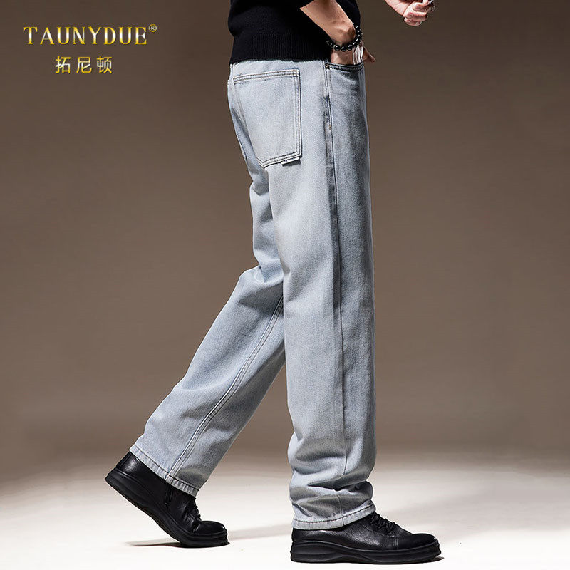 美式石磨水洗浅蓝色牛仔裤男春季新款潮牌宽松阔腿休闲直筒裤子男