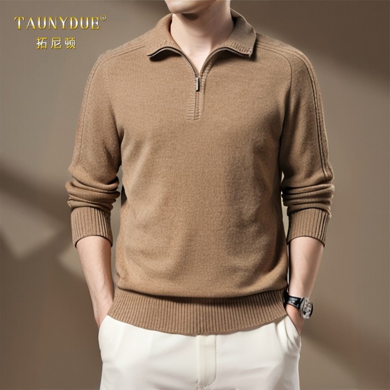 男士加厚保暖翻领羊毛衫秋冬季针织衫纯羊毛半拉链可翻高领毛衣