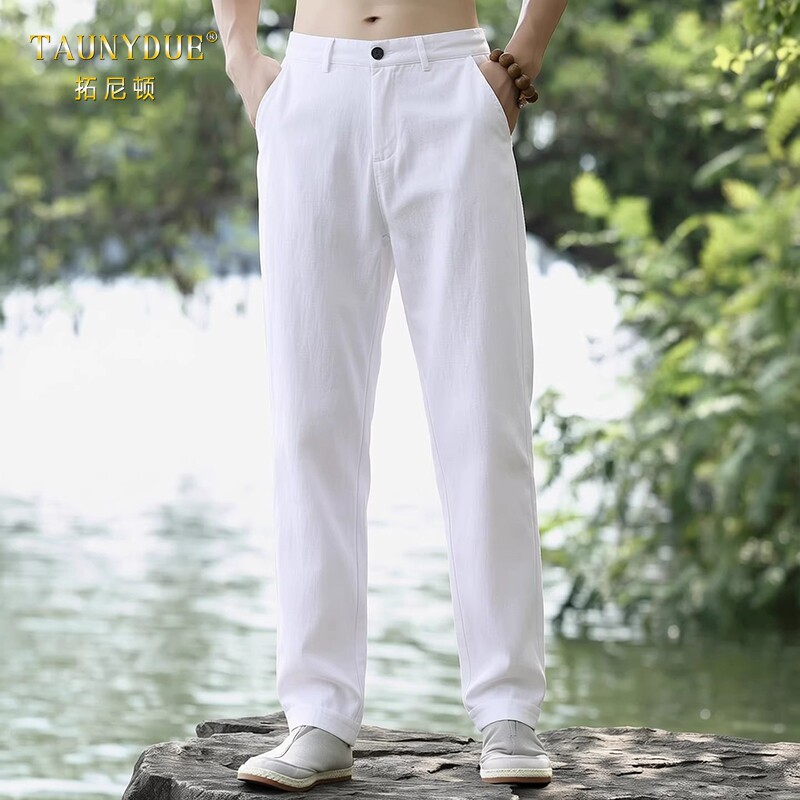 TAUNYDUE高端亚麻裤男宽松直筒休闲西裤夏季大码薄款麻布料长裤子