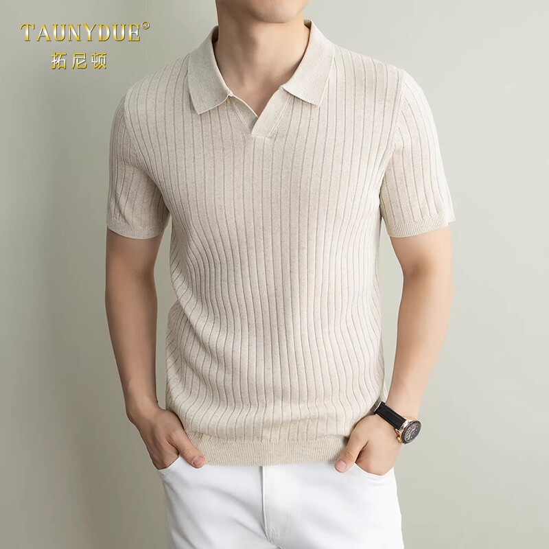 TAUNYDUE短袖T恤男针织衫半袖春夏季简约百搭海鸥翻领条纹Polo衫