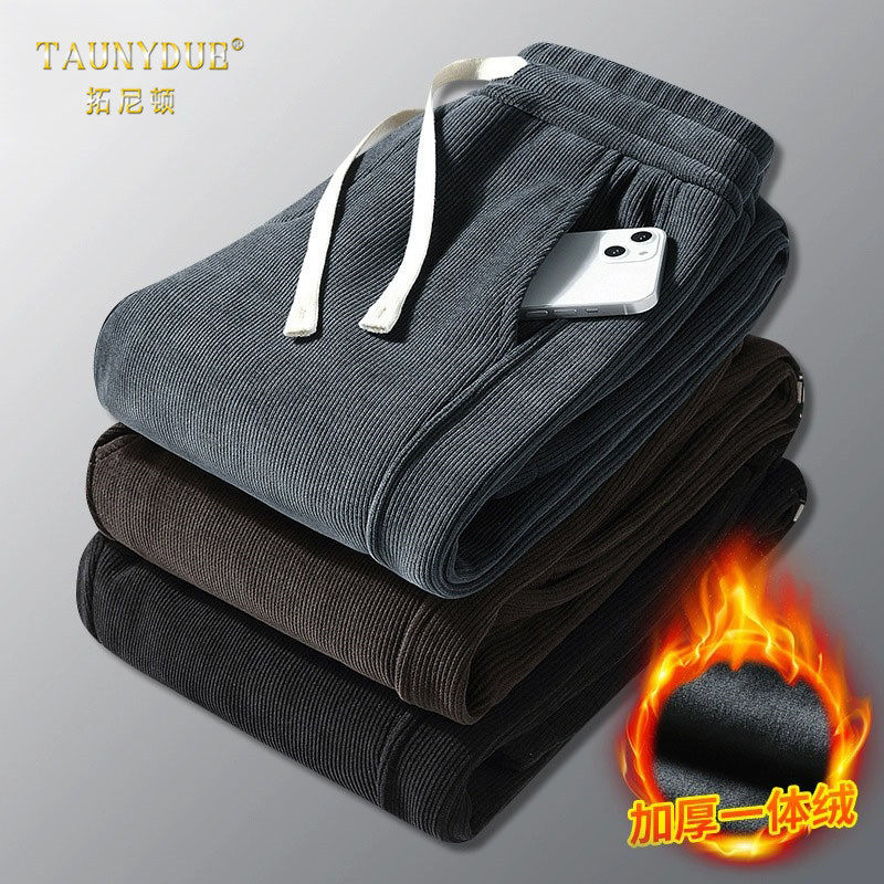 TAUNYDUE加绒加厚保暖灰色卫裤男秋冬加肥加大休闲裤大码运动裤子