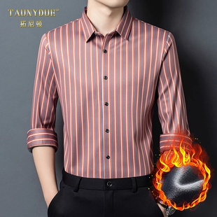2026男士新款竖条纹拼色长袖衬衫加绒加厚时尚潮流保暖休闲衬衣