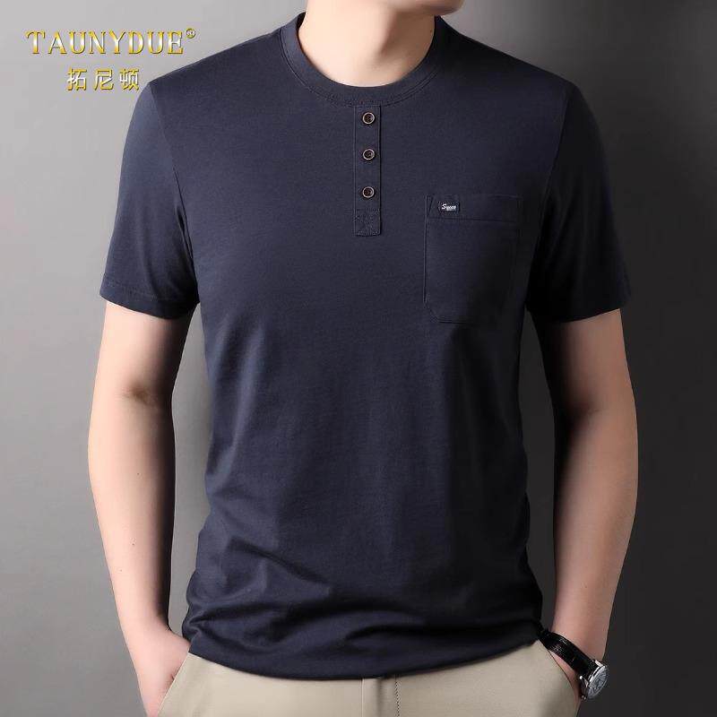 纯棉带扣圆领短袖T恤男2025夏季水洗棉男有兜带口袋上衣中年夏装