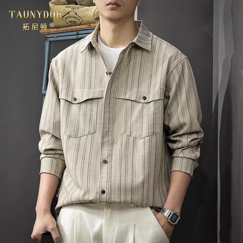 TAUNYDUE宽松竖条纹长袖衬衫男2026春季新款复古男士翻领春秋衬衣