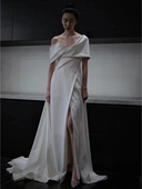 法式 夏一字肩开叉礼服拖尾新娘结婚出门纱鱼尾 缎面轻婚纱2024新款