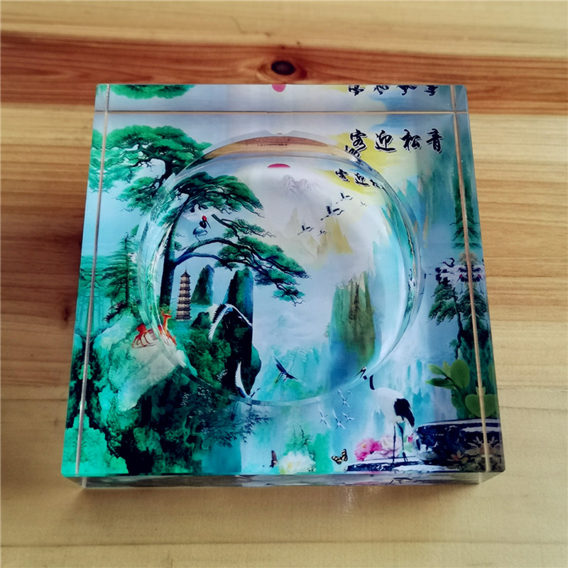 水晶玻璃烟灰缸茶几家用潮流新中式迎客松家居时尚装饰品个性礼品