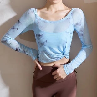 花蝴蝶假两件运动T恤长袖 带胸垫瑜珈服网纱上衣速干普拉提健身衣