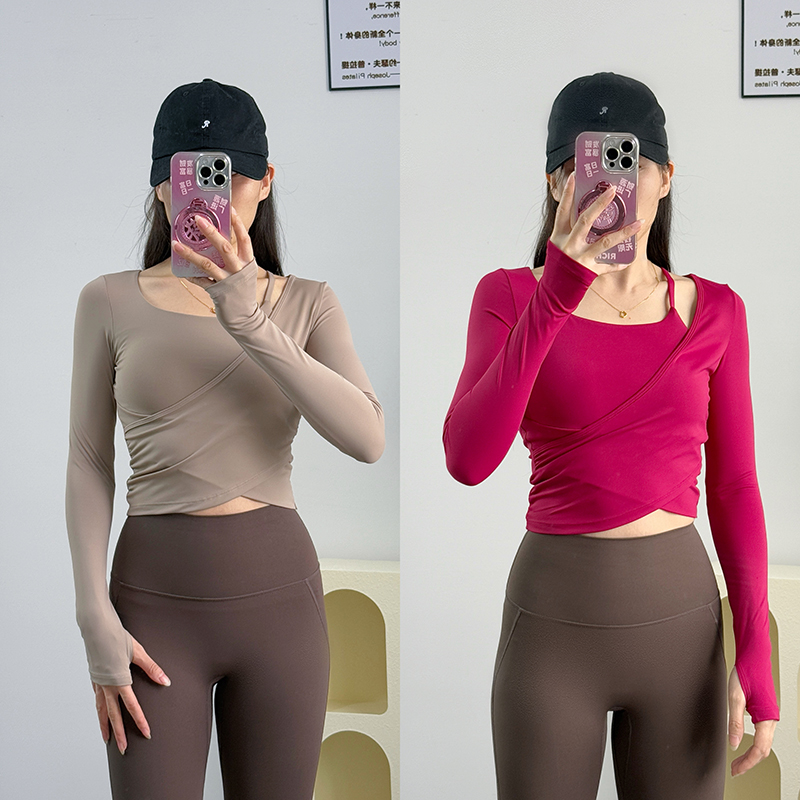 悠美YOGA瑜伽长袖带杯垫速干T恤