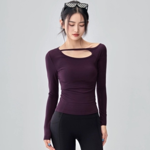 新款 运动T恤女修身 内搭打底衫 显瘦瑜伽上衣设计感 不对称露肩长袖
