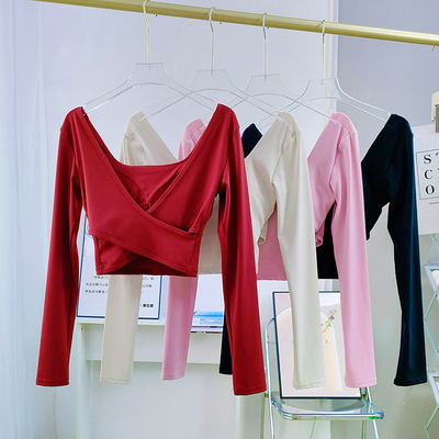 瑜伽服交叉美背瑜伽长袖带胸垫