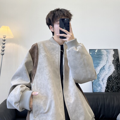 jave pasok撞色拼接棒球领复古男女皮衣夹克宽松百搭潮牌休闲外套