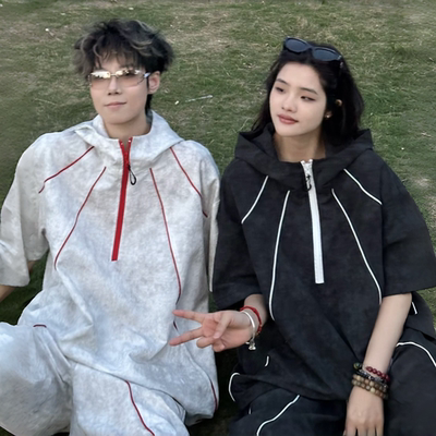 潮牌防晒连帽男士短袖短裤套装