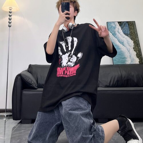 JAVE PASOK新款美式高街手掌印花工艺潮牌宽松oversize情侣款短袖