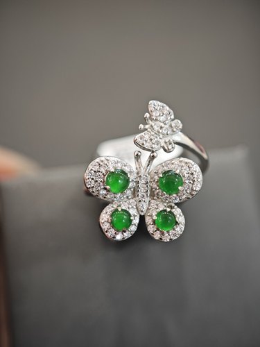 天然缅甸翡翠戒指镶嵌保真蝴蝶翡翠指环生日礼物送女友