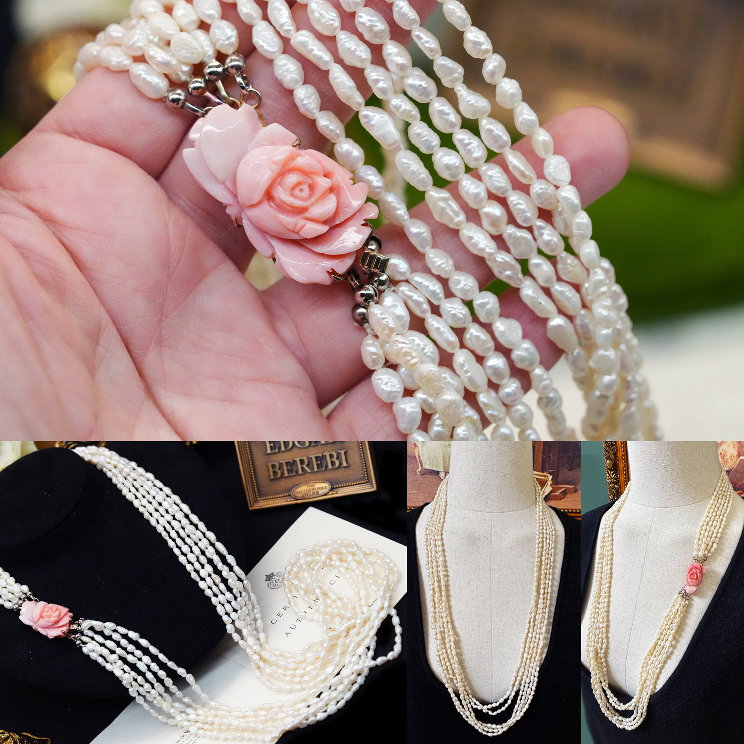 Vintage中古首饰手工孩儿面珊瑚牡丹玫瑰花浮雕天然珍珠中长项链