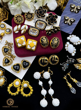 Vintage中古首饰TRIFARI黑白MONET水晶珐琅珍珠耳环耳夹耳钉集