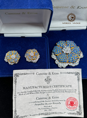 Vintage复古董首饰JBK杰蓝色奥地利水晶花朵繁花镀金胸针耳环套装