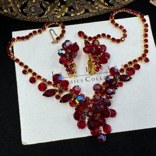 Vintage-S中古首饰50年代JULIANA书本款酒红奥地利水晶项链耳夹