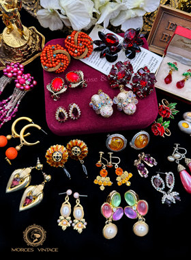 Vintage-特1中古首饰napier珍珠monet耳夹trifari红粉紫耳钉环集