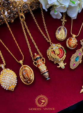 Vintage中古首饰1928牌TRIFARI珐琅BEREBI珍珠相片盒像片盒项链