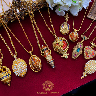 Vintage中古首饰1928牌TRIFARI珐琅BEREBI珍珠相片盒像片盒项链